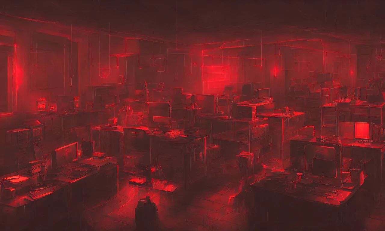 Prompt: demonic office, by asher brown durand, trending on artstation, 8 k resolution, red lights, cyberpunk, demonic symbols