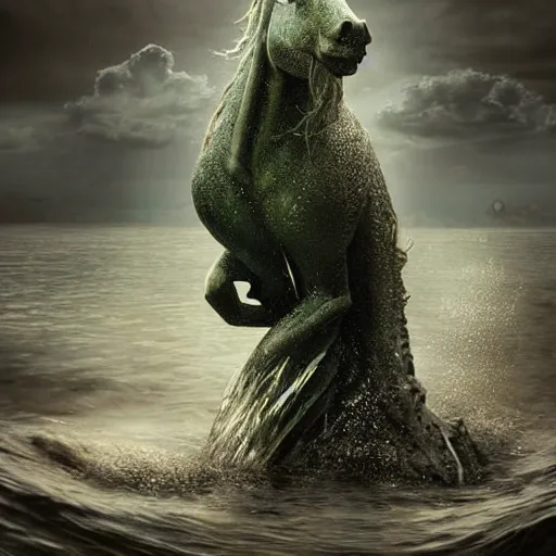 Image similar to kelpie : this sea monster takes on several shapes, but usually comes as a horse. this monster can look like a lost pony, with its mane dripping with water, and tricks women and children to ride on it. it then takes its unlucky rider to the water to drown and eat its victim. 8 k digital art, trending on artstation, sharp focus,