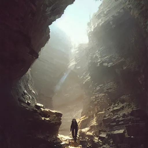 Image similar to mine entrance in a ravine in avila, granite rocks, 4 k, concept art, by wlop, ilya kuvshinov, artgerm, krenz cushart, greg rutkowski, pixiv. cinematic dramatic atmosphere, sharp focus, volumetric lighting, cinematic lighting, studio quality