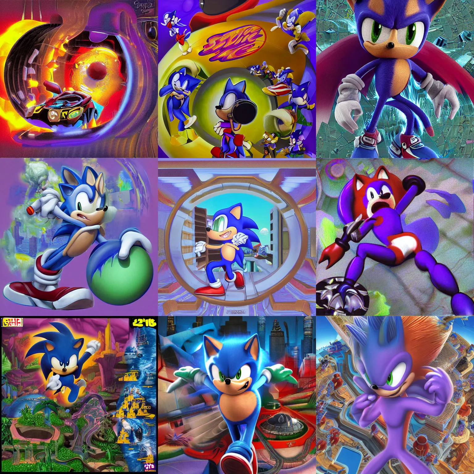 Prompt: sonic hedgehog portrait deconstructivist claymation scifi matte painting lowbrow tongue surreal sonic hedgehog, retro moulded professional soft pastels high quality airbrush art album cover of a liquid dissolving airbrush art dreams sonic the hedgehog swimming through dreams purple fisheye checkerboard background 1 9 9 0 s 1 9 9 2 sega genesis video game album cover