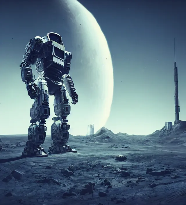 Prompt: giant cyberpunk robot on the moon looking at earth hyper realism, cinematic, dramatic ambient lighting, epic composition, high detail, octane render, unreal engine, 8 k, vibrant colors, smooth gradients, high contrast, professional photo, photorealistic, digital artray tracing