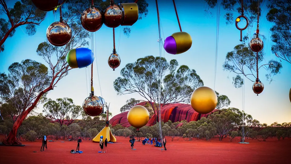 Image similar to large colorful futuristic space age metallic steampunk balloons with pipework and electrical wiring around the outside, and people on rope swings underneath, flying high over the beautiful ayers rock in australia city landscape, professional photography, 8 0 mm telephoto lens, realistic, detailed, photorealistic, photojournalism