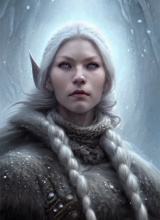 Prompt: closeup portrait shot of a female snow viking in a scenic dystopian environment, intricate, elegant, highly detailed, centered, digital painting, artstation, concept art, smooth, sharp focus, illustration, artgerm, tomasz alen kopera, peter mohrbacher, donato giancola, joseph christian leyendecker, wlop, boris vallejo