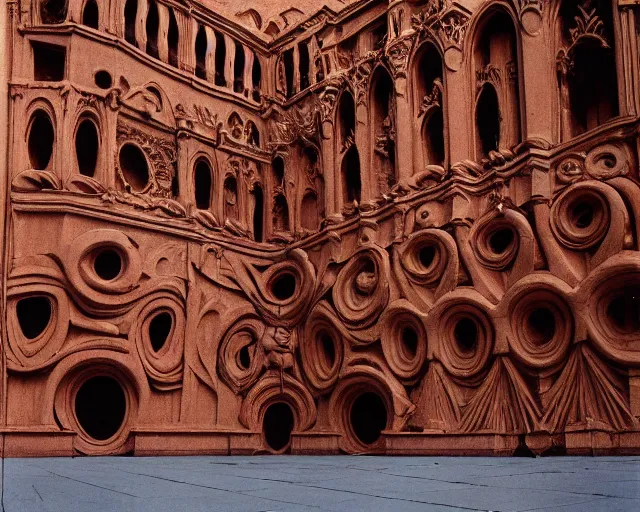 Image similar to by francis bacon, vivian maier, mystical redscale photography evocative. an intricate fractal concrete carved sculpture of the secret faces of god, standing in a city center.