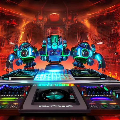 Prompt: album art, name is roborock, 3 steampunk futuristic robots on a dj desk with a cd mixer, 8 k, flourescent colors, halluzinogenic, multicolored, exaggerated detailed, front shot, 3 d render, octane