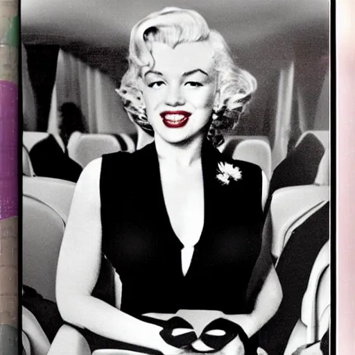 Image similar to iPhone digital photography of marilyn monroe as a flight attendant in 2014, pixellated, low resolution smart phone image