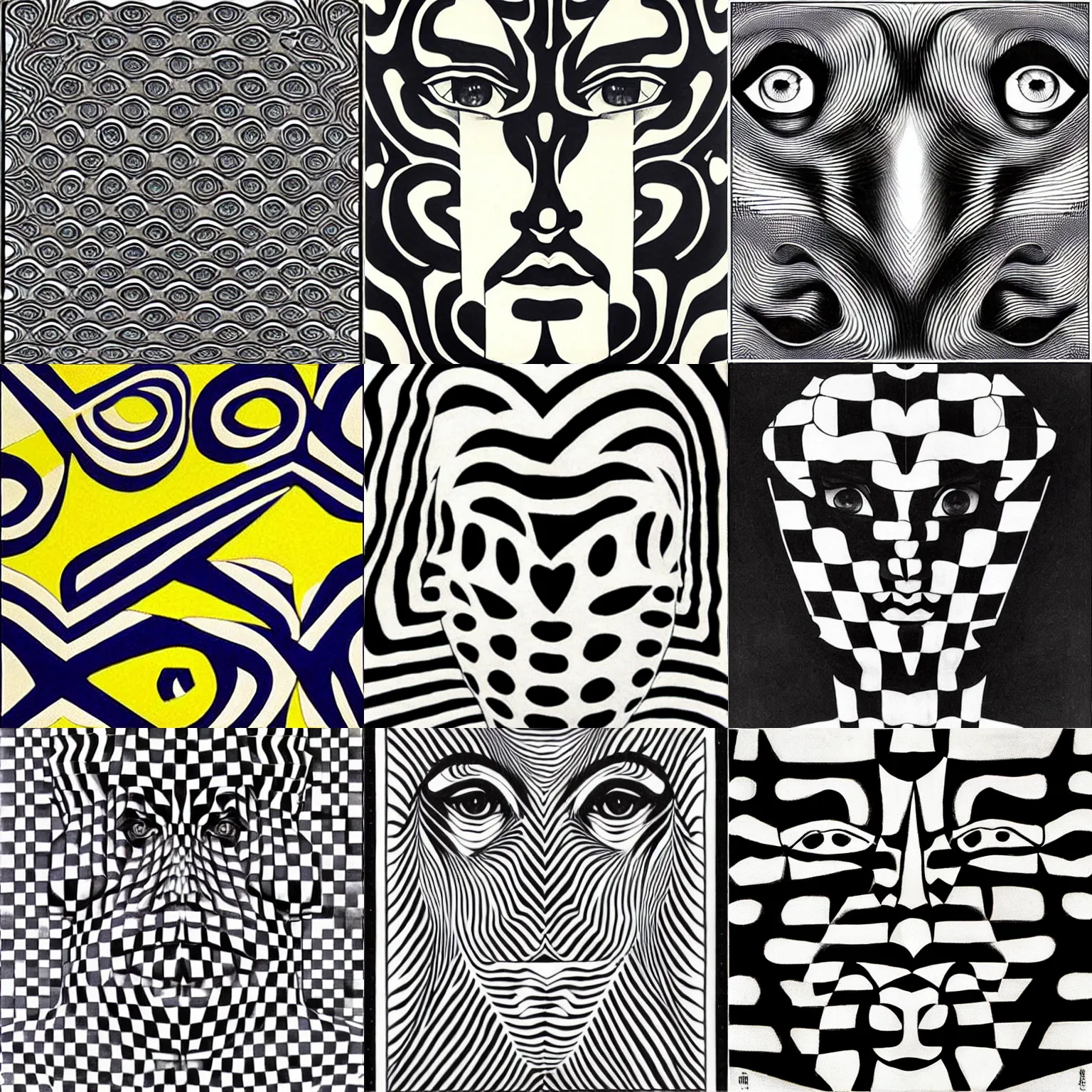 Prompt: op art of a woman's face by m. c. escher, inspired by jojo's bizarre adventure, big bold patterns