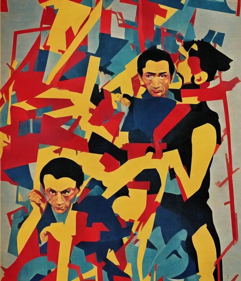 Image similar to Beautiful colorful Russian Constructivist Kung Fu Movie Poster made for the film Franz Kafka's Brutal Reckoning (1997) Starring Steve Buscemi and Jackie Chan, minimalist oil paint and ink and photo collage by El Lissitsky and Diane Arbus, Vivid color trending on artstation Cinematic lighting bauhaus collage!! 8k