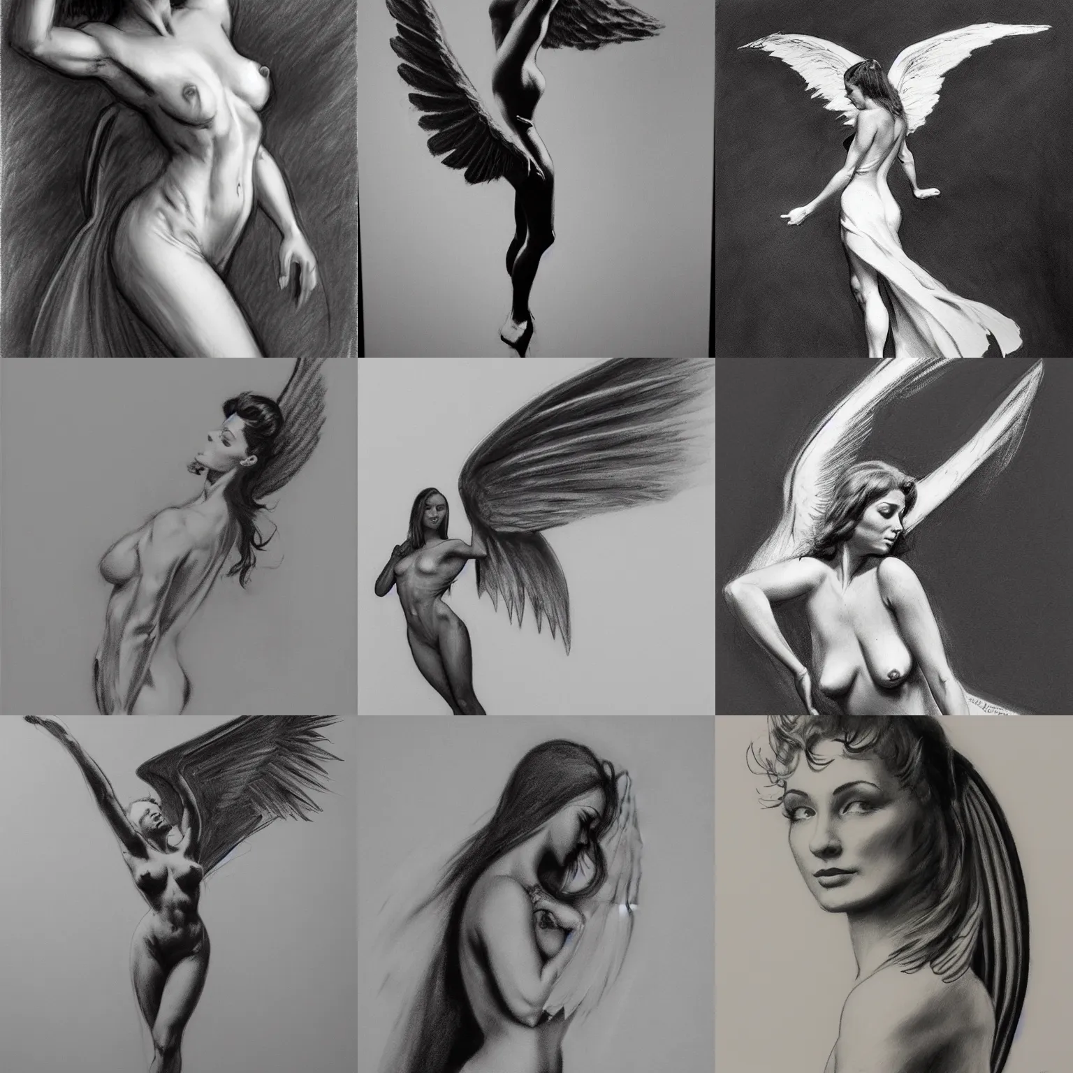 Prompt: frank frazetta woman with wings, full figure charcoal sketch, black and white, hyper realism, centered in portrait, 8 k, realistic, photo real, smooth, sharp, intricate detail, hyper detail, dramatic lighting, dramatic shading