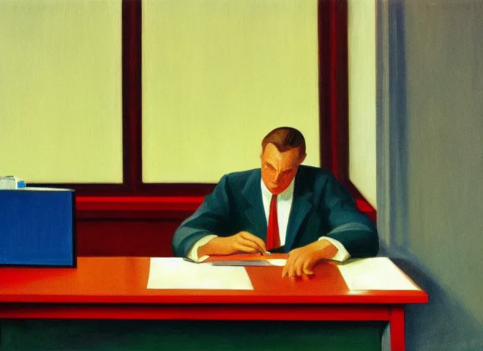 Image similar to painting of a lonely man sitting at his desk in an empty, huge office, in the style of edward hopper, very detailed face