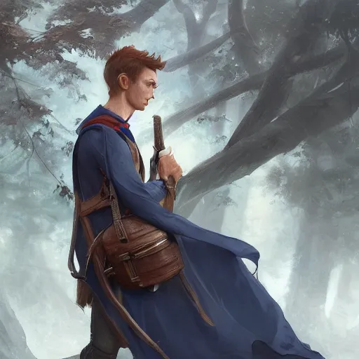 Image similar to 8k a young curious handsome male wood elf scholarly adventurer wearing a navy blue student's tunic carrying a satchel of arcane supplies, by Raymond Swanland Greg Rutkowski Lise Deharm, intricate, masterpiece, sharp, digital art, ArtStation, CGStation, 4k