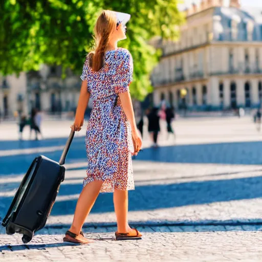 Prompt: beautiful tourist girl in a summer dress, walking in paris with her suitcase, cozy afternoon