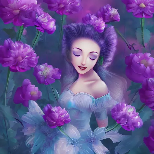 Image similar to a picture of a dreaming woman with flowers grow out of hair, roses peonies forget-me-nots dahlias lupins gladioli, sky theme in background, Digital Art, Trending on artstation