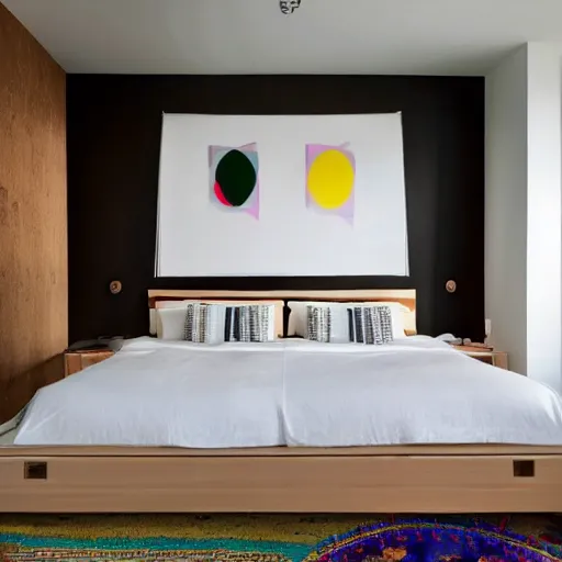 Image similar to Bedroom with Minimalistic Art on the walls, white furniture, Multi colored Mandala Rug, big windows with sunlight coming in