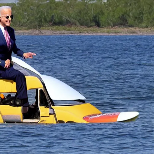 Prompt: ( joe biden ) surfing on top of a crocodile