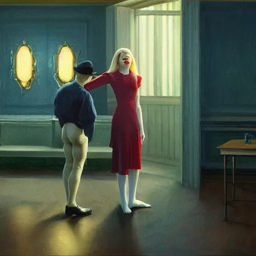 Prompt: a vampire Elle Fanning draining her victim in the world of Edward Hopper, stormy weather, extremely detailed masterpiece, oil on canvas, low-key neon lighting, artstation, Blade Runner 2049, Roger Deakin’s cinematography, by J. C. Leyendecker and Peter Paul Rubens,