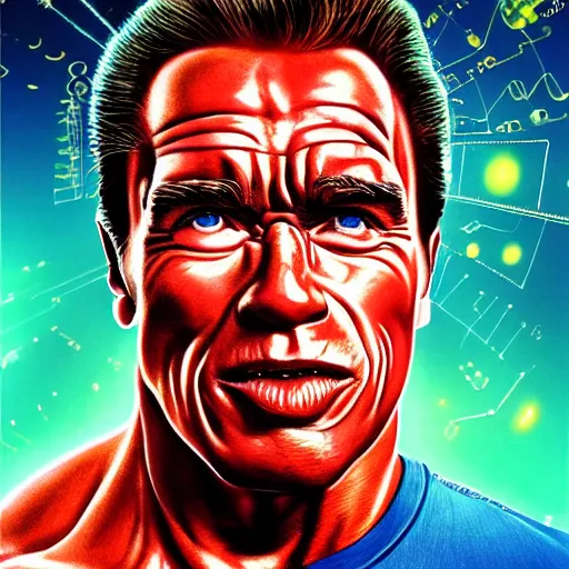 Image similar to I've discovered life, arnold schwarzenegger, ecstatic, infinite power, manic, perfect eyes, full body shot, chemical structures, atoms, molecules, portrait, energized face, noble, transformation, vivid colors, elegant, concept art, sharp focus, digital art, Hyper-realistic, 4K, Unreal Engine, Highly Detailed, HD, Dramatic Lighting by Brom, trending on Artstation