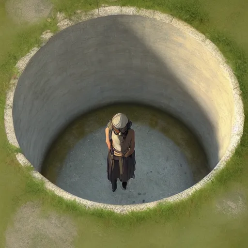 Prompt: an old well seen from above and at the bottom of the well a man screaming, by makoto shinkai, greg rutkowski, artstation, high detailed, cgsociety,
