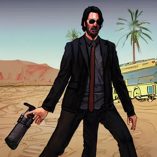 Image similar to keanu reevez in the art style of disco elysium