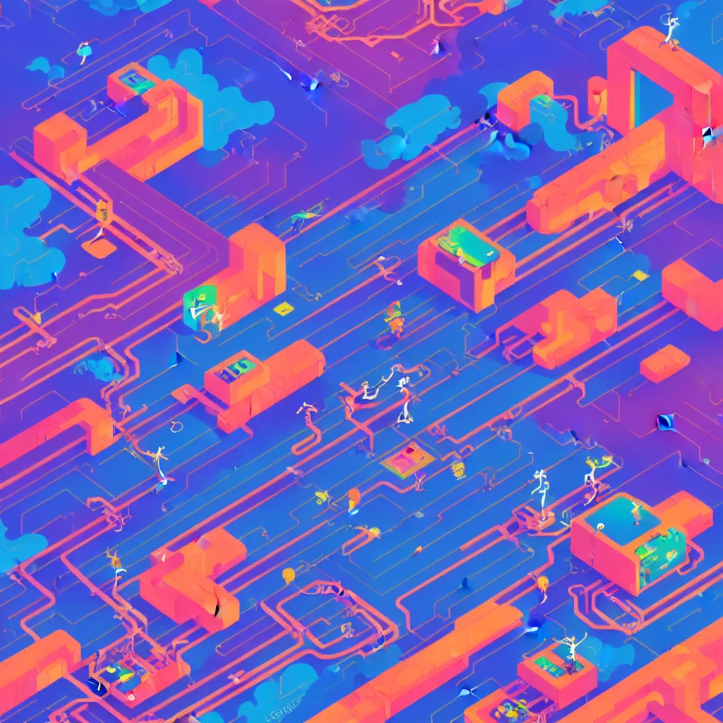 Image similar to an illustration of a micro-service deployed to a datacenter, architecture, symbol, road, connector, defence, wall, cloud, security, cyber, attack vector, trending on Artstation, painting by Jules Julien, Leslie David and Lisa Frank and Peter Mohrbacher and Alena Aenami and Dave LaChapelle muted colors with minimalism