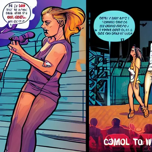 Prompt: comic book art of tove lo singing on stage,