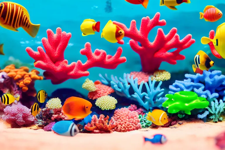 Image similar to fisher price coral reef, california, in 2 0 1 5, 8 k, scene from tv show hyper detailed 5 5 mm 8 5 mm, toy photography, made out of plastic