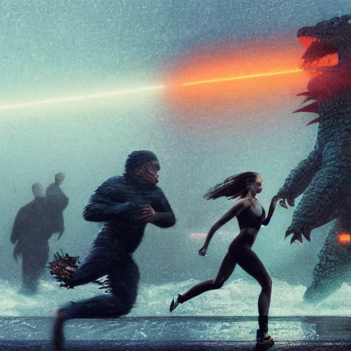 Image similar to people running towards the camera, running from godzilla, chillwave, electronic billboards, tech noir, wet reflections, atmospheric, ambient, livia prima, greg rutkowski, edward hopper, pj crook