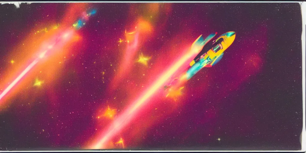 Prompt: polaroid photo of red rocket flying through space, multiple orange yellow purple galaxies visible, slight color bleed, lens flare