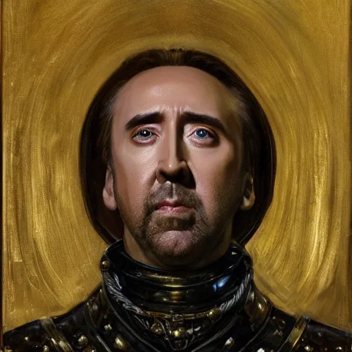 Image similar to Nicolas Cage in a gold armor, religious masterpiece portrait, oil on canvas, occult night, in the world of Andrew Wyeth and Dark Souls, artstation, by J. C. Leyendecker and Peter Paul Rubens,