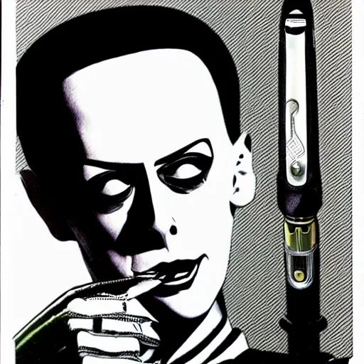 Prompt: a product photo ad featuring klaus nomi with a technical reed rollerball pen exacto knife by junji ito, ethereal eel