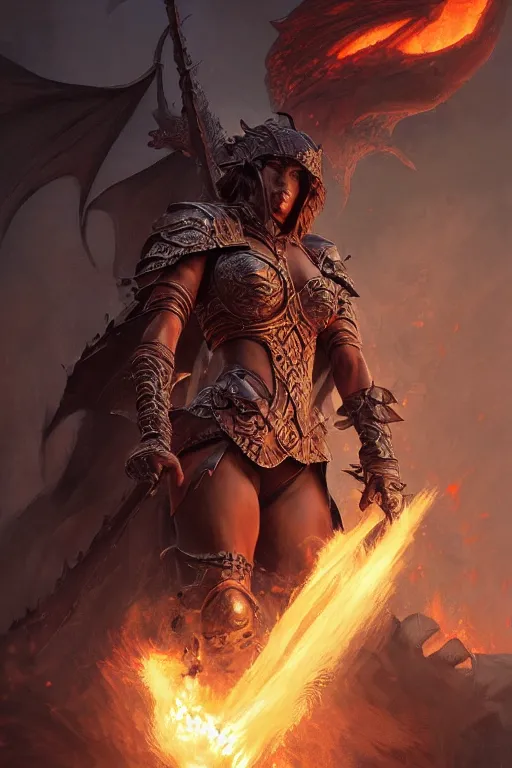 Image similar to warrior, wearing a dark armor, fighting a dragon, village in flames in the back, intricate, elegant, highly detailed, digital painting, artstation, concept art, smooth, sharp focus, illustration, art by artgerm and greg rutkowski and alphonse mucha and andrei riabovitchev