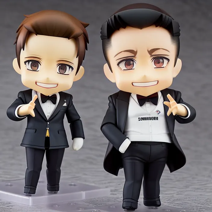 Image similar to a anime nendoroid of elon musk wear giorgio armani suits and black shoe, car tesla 3, figurine, smile, product photo, detailed