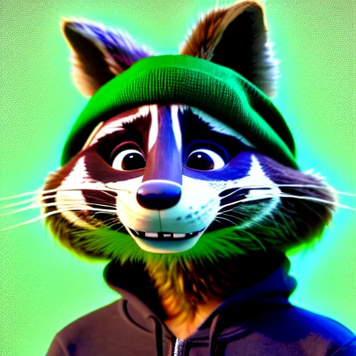 Prompt: a very relaxed stoner with a black hoodie on with a marijuana themed dark green raccoon head from zootopia, wearing beanie, smoking, 3 d render, extremely detailed fur, wearing a marijuana t - shirt