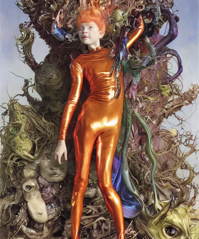 Prompt: a portrait photograph of a alien super villian with slimy skin and wings. she looks like a mutated sadie sink and is trying on a colorful infected bulbous shiny organic catsuit. by donato giancola, hans holbein, walton ford, gaston bussiere, peter mohrbacher and brian froud. 8 k, cgsociety, fashion editorial