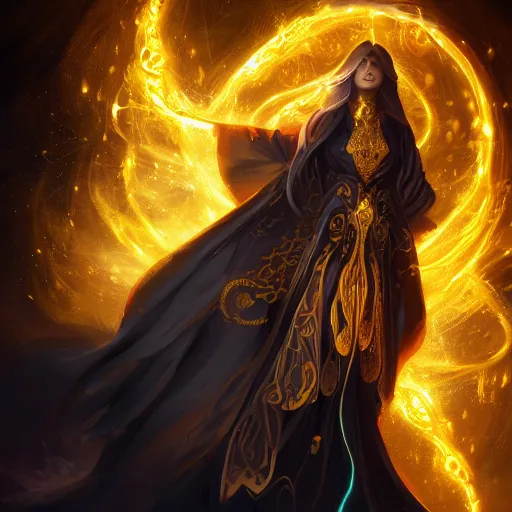 Image similar to mage, dynamic pose full body, left hand holding a fractal golden fireball spell , flowing robes, black and golden cloak, black skin gorgeous, Octane render, rule of thirds, golden ratio, Peter Mohrbacher