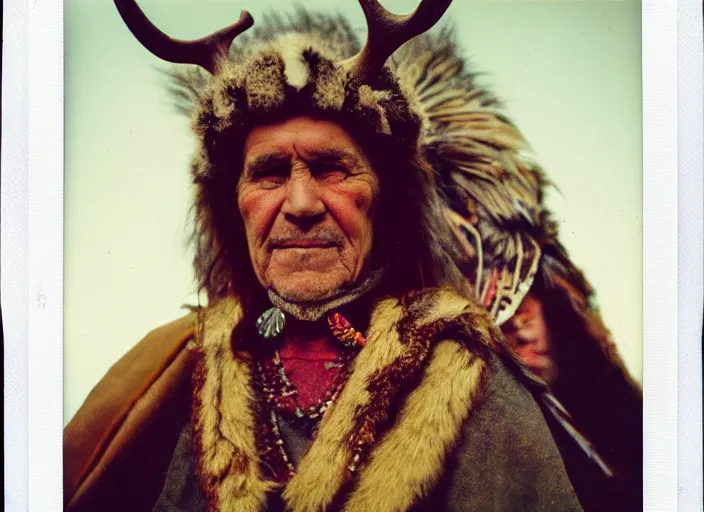 Image similar to over exposed color polaroid photograph of a neolithic european shaman wearing deerskin adorned with trinkets