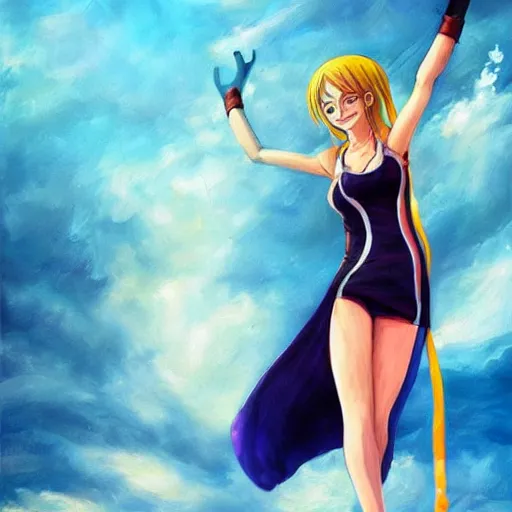 Image similar to beautiful emma watson cosplay as nami from one piece, oil painting, full body.