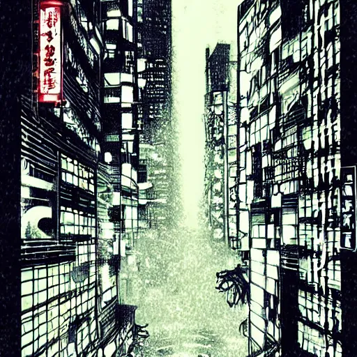 Image similar to a cyberpunk art tokyo night street, rain and fog by chris myers and junji ito