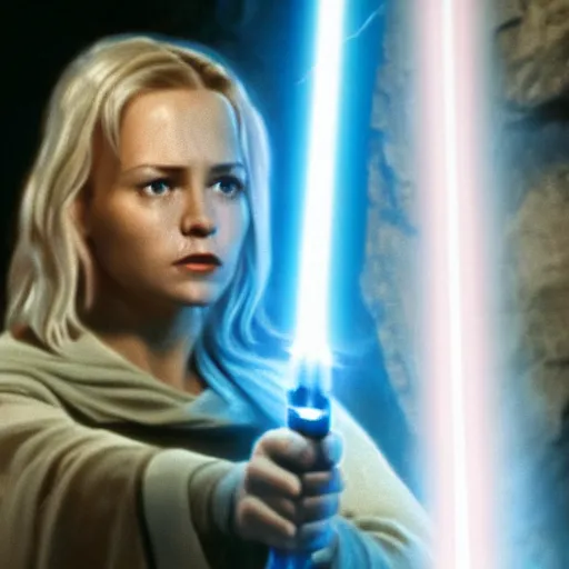 Image similar to young karen fisher as a jedi in star wars, 8k resolution, full HD, cinematic lighting, award winning, anatomically correct