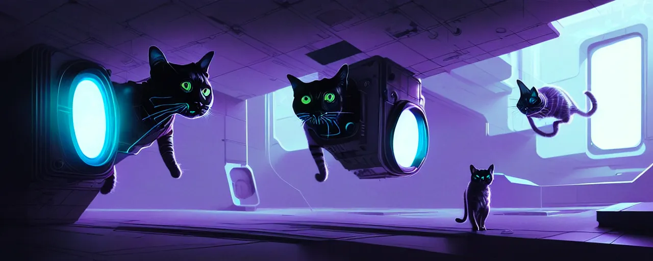 Image similar to duotone noir scifi concept dynamic illustration of 3 d mesh of alien cat inside box floating zero gravity glowing 3 d mesh portals futuristic, glowing eyes, octane render, surreal atmosphere, volumetric lighting. accidental renaissance. by sachin teng and sergey kolesov and ruan jia and heng z. graffiti art, scifi, fantasy, hyper detailed. trending on artstation