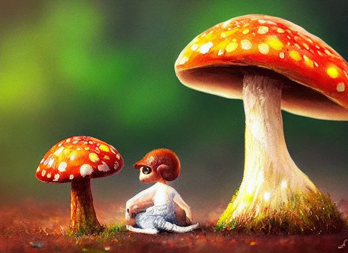 Image similar to a cute creature sitting next to a mushroom, realistic, very detailed, complex, intricate, studio lighting, superres sharpening, bokeh, sigma 5 0 mm f 1. 4, impressionist painting, digital painting, artstation, simon stalenha