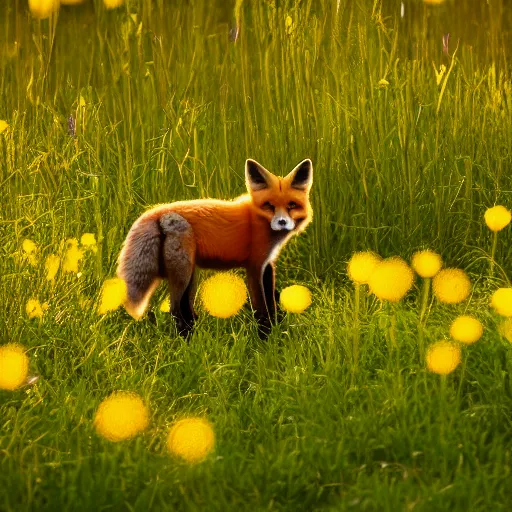 Image similar to A fox in a field of dandelions, golden hour, 50mm close up, beautiful, f/11, bokeh depth of field