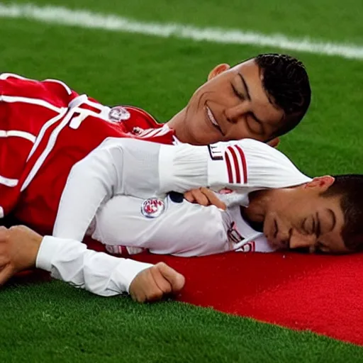 Image similar to Christiano Ronaldo sleeping in FC Bayern bed