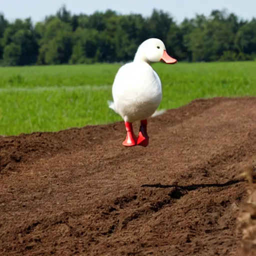 Image similar to a white duck, standing on a motocross track