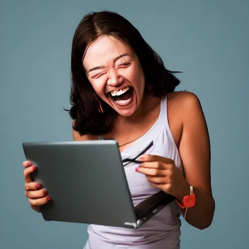 Image similar to Woman laughing maniacally in extreme joy using a computer, Candid shot, Canon EOS, ArtStation