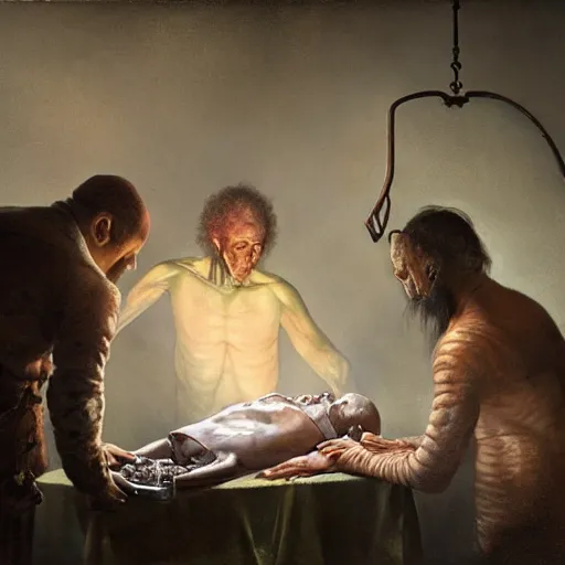 Prompt: several men perform an alien autopsy, by rembrandt, by tom bagshaw, cinematic lighting