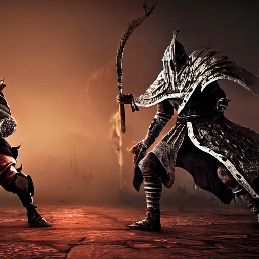 Image similar to 2 lords from dark souls having a battle