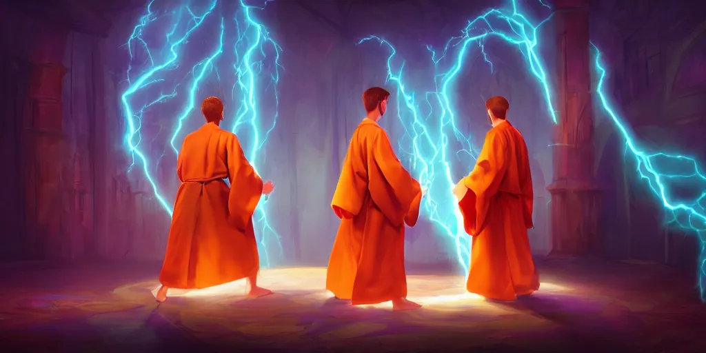 Image similar to two brother mages in robes, they are in a workshop in front of a desk working on a new spell that is casting out flowing energy. colorful, flowing energy, light rays, medium shot, waist up, sharp, concept art, highly detailed, bloom, dramatic lighting, cinematic, by dreamworks