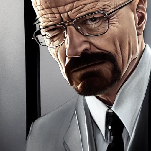 Prompt: walter white in a suit, painting, artgerm, trending on artstation, 4 k highly detailed art, octane render, 3 d, unreal engine, greg rutkowski