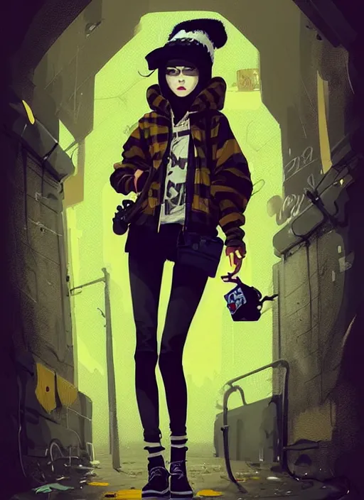 Image similar to highly detailed portrait of a sewer punk lady student, white eyes, burberry hoody, hat, white hair by atey ghailan, by greg rutkowski, by greg, tocchini, by james gilleard, by joe fenton, by kaethe butcher, gradient yellow, black, brown and cyan color scheme, grunge aesthetic!!! ( ( graffiti tag wall background ) )